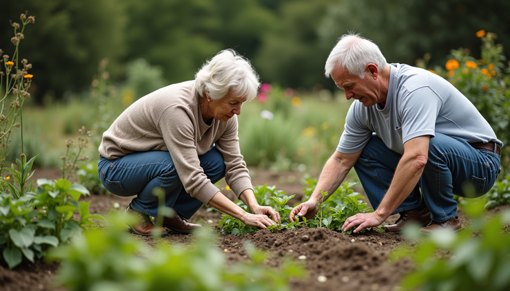 High angle view of a community garden with retirees tending plants together