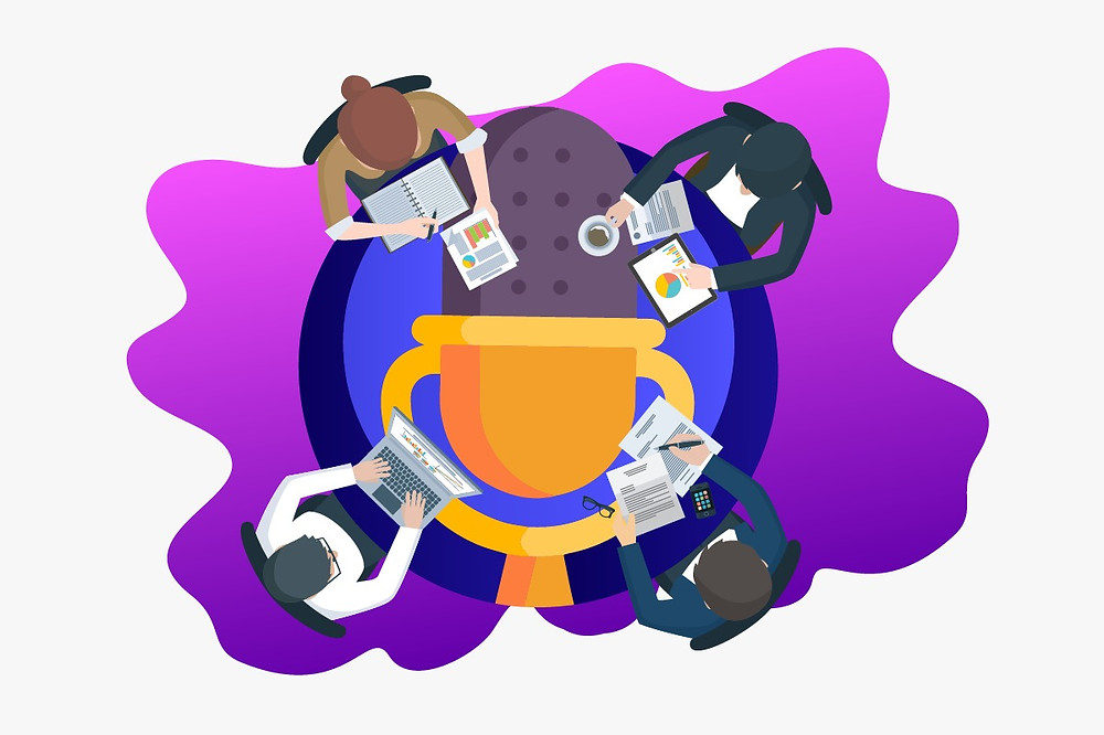 Ilustração de uma reunião com a equipe de pessoas de uma empresa | Podcasts no endomarketing