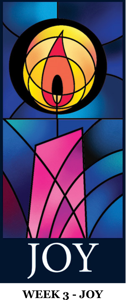 A stained glass illustration of a lit pink candle, with the word JOY written underneath it.