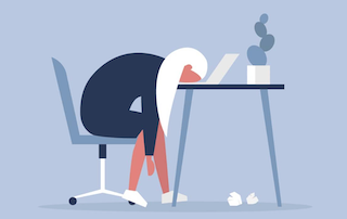 Cartoon woman with her head on her laptop