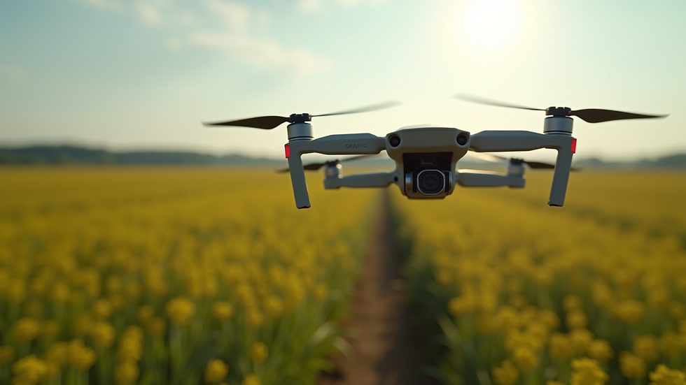 Eye-level view of a drone flying over a rural field with crops