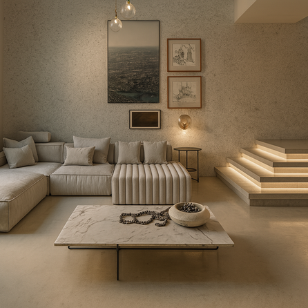 Sala com obras de arte e escada iluminada