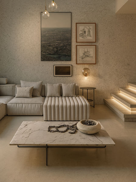 Sala com obras de arte e escada iluminada