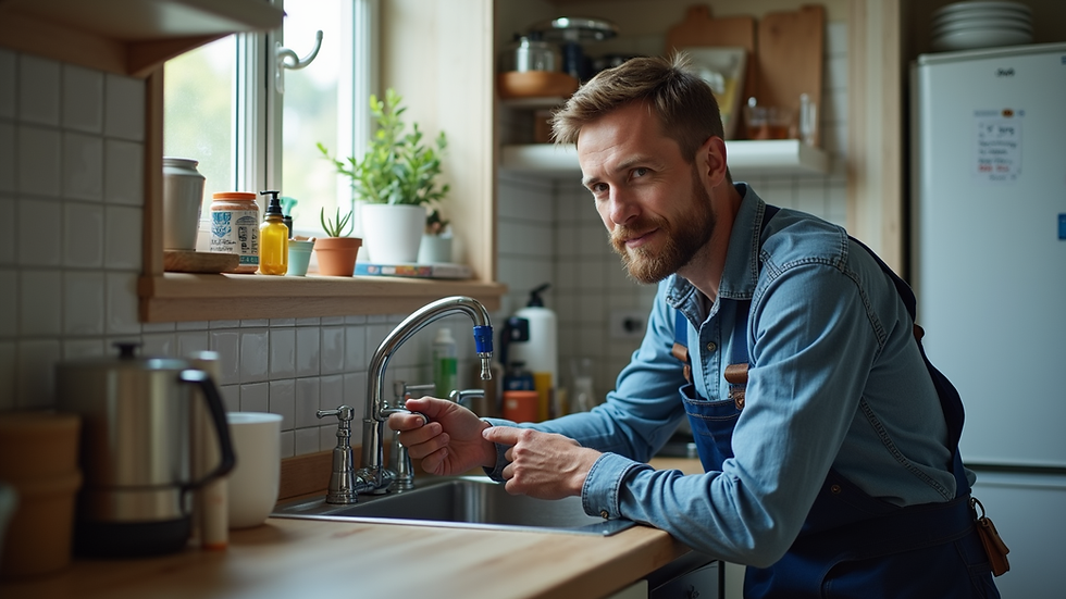 Eye-level view of a plumber fixing a kitchen sink