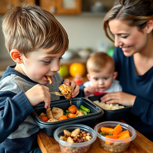 10 year old enjoying his meal prep meal out of black plastic container while mom is busy w