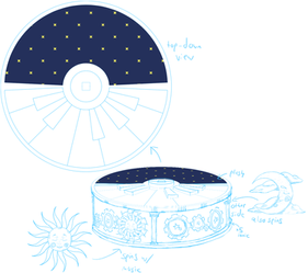 Concept art for the music box 3D model, showing the closed view of the box and sketches of the sun and moon on its sides.