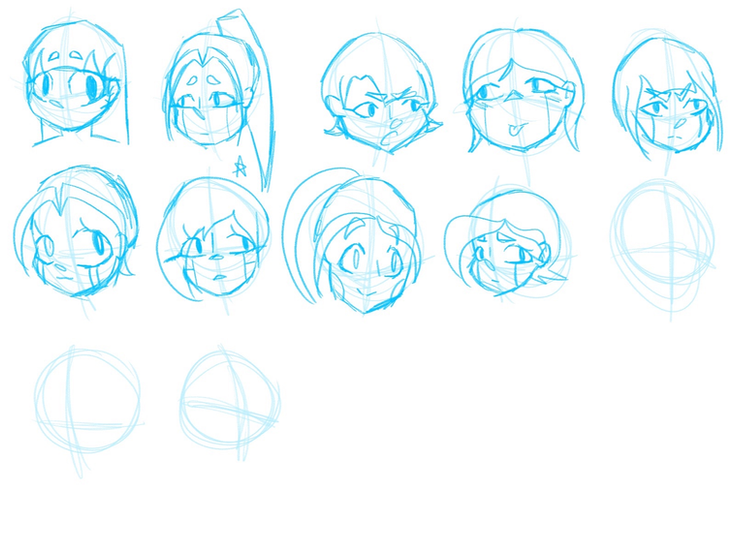 Sketches of nine heads of a doll girl.