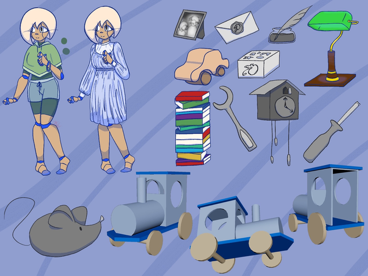 A prop sheet with a portrait picture, a letter, an ink pen, a bank lamp, a toy car, a cuckoo clak, screwdriver, toy train (3D modeled) and stack of books. It also includes Lu's friend, a small mouse.