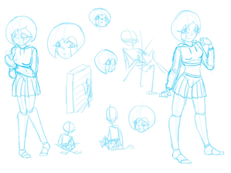 Several sketches exploring a crop-top hoodie and skirt for Lu.