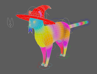 Multiple colors on the untextured model of the cat in Playful Magic, showing the skin weights.