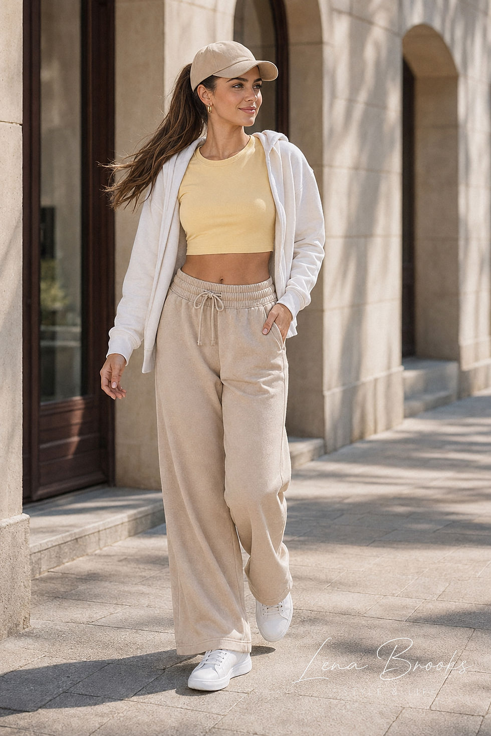 Woman walking beside a light stone building in beige wide-leg pants, butter yellow cropped tee, white hoodie, beige baseball cap and white sneakers.