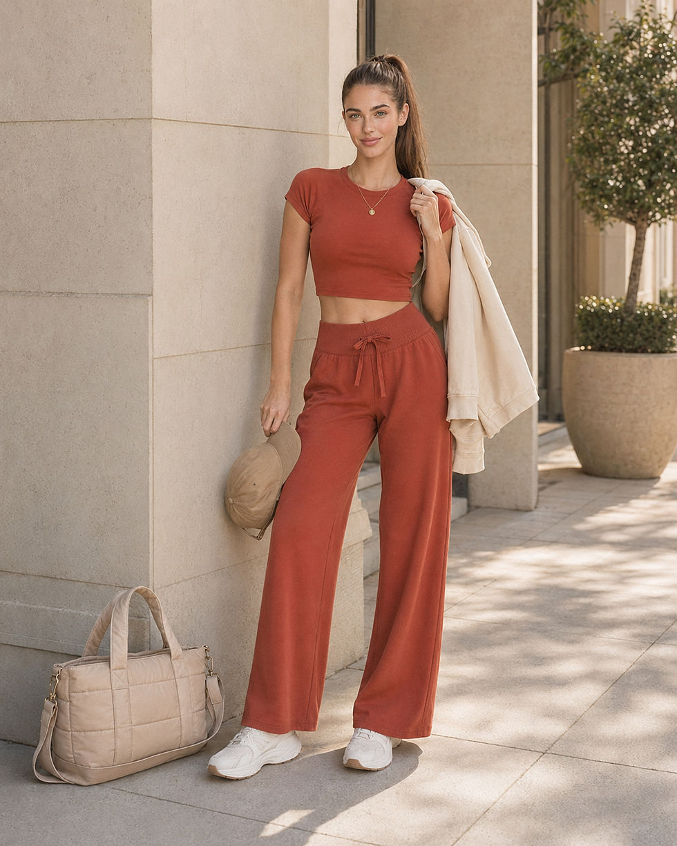 A woman stands confidently against a stone wall, dressed in a stylish rust-colored crop top and matching wide-leg pants. She holds a beige jacket and cap, with a neutral-toned bag at her feet.