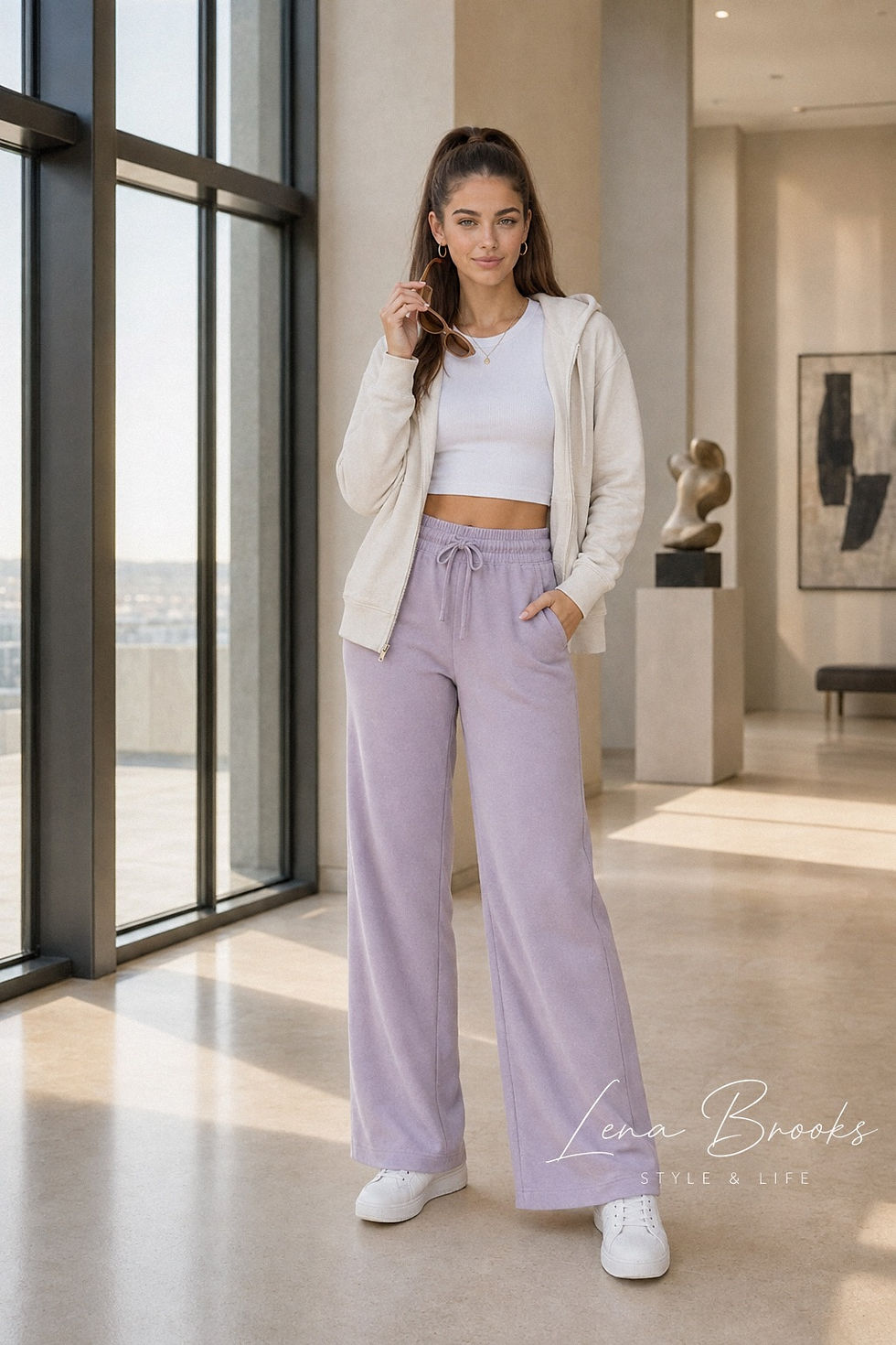 Casually elegant in a light-filled modern space, a woman showcases a stylish and comfortable outfit with a beige hoodie, white crop top, and lavender sweatpants.