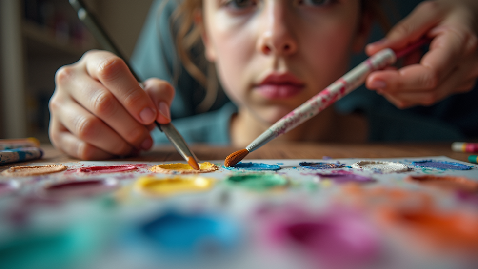Eye-level view of a face painting station with colorful paints and brushes