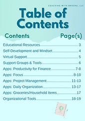 Table of Contents page.
Contents include:
Educational Resources, Self-development and mindset, virtual support, support groups & tools.