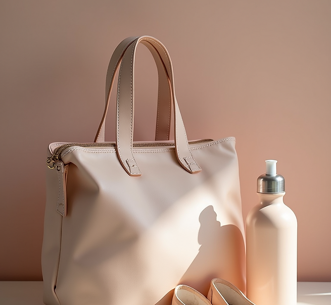 detail shot organized dance bag ballet slippers water bottle hair accessories studio light