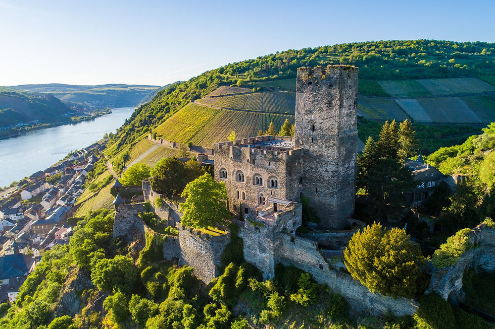 Kaub am Rhein: Hrad Gutenfels uprostřed vinic s výhledem na Rýn, zdroj = Rheintouristik Tal der Loreley, St. Goar, autor = Mahlow Media, Winningen