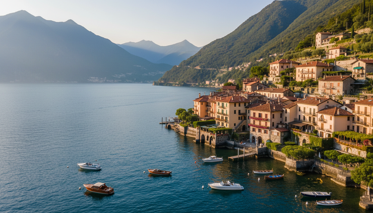 Wide-angle view of a Lake Como village with terraced houses and boats on the water