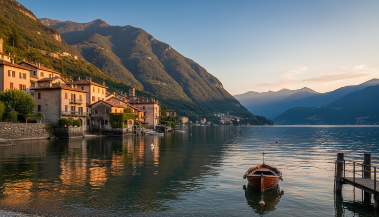 Wide-angle view of a calm Lake Como village with mountains behind it