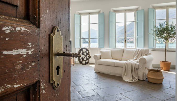 Close-up view of a key in the door of a renovated Lake Como apartment with a glimpse of a lake-facing living room.