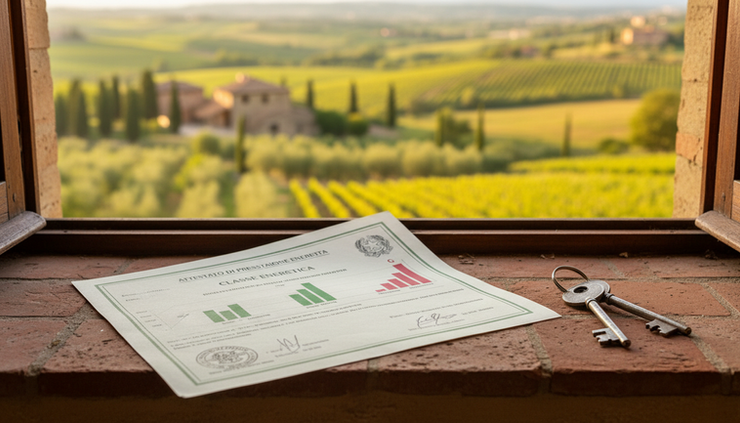 Eye-level view of an energy certificate beside keys on a terracotta windowsill