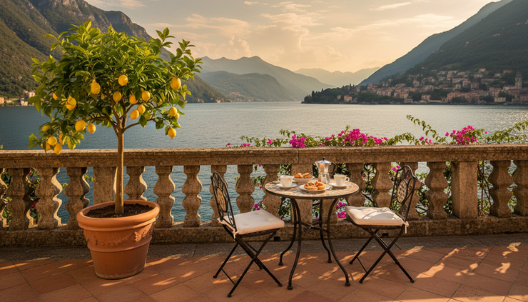 Eye-level view of a furnished apartment terrace overlooking Lake Como with a breakfast table and potted plants.