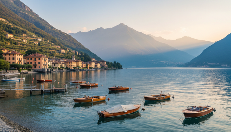Wide-angle view of a lakeside village on Lake Como with villas, boats, and mountains in the background.