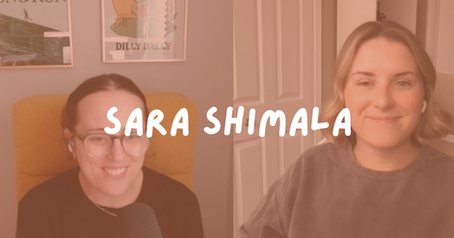 Two smiling women on a video call, one with glasses and a mic, with SARA SHIMALA text over a home office background.