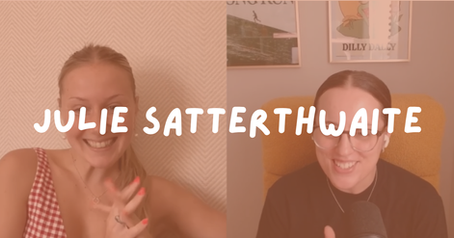 Split-screen video call with two smiling women; left in red gingham top, right with glasses and mic, text Julie Satterthwaite.