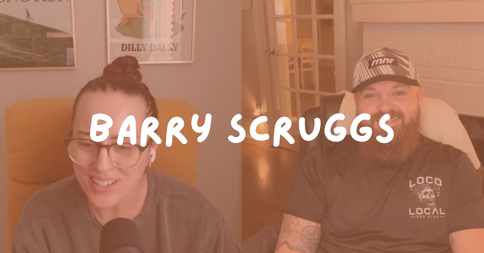 Split-screen video call with woman speaking into a mic and smiling bearded man; text Barry Scruggs over warm indoor backgrounds.