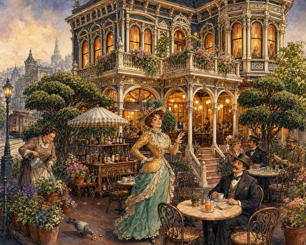 Elegant women in vintage dresses and men in suits sit at a cafe terrace, surrounded by flowers. A tram passes by a grand building.