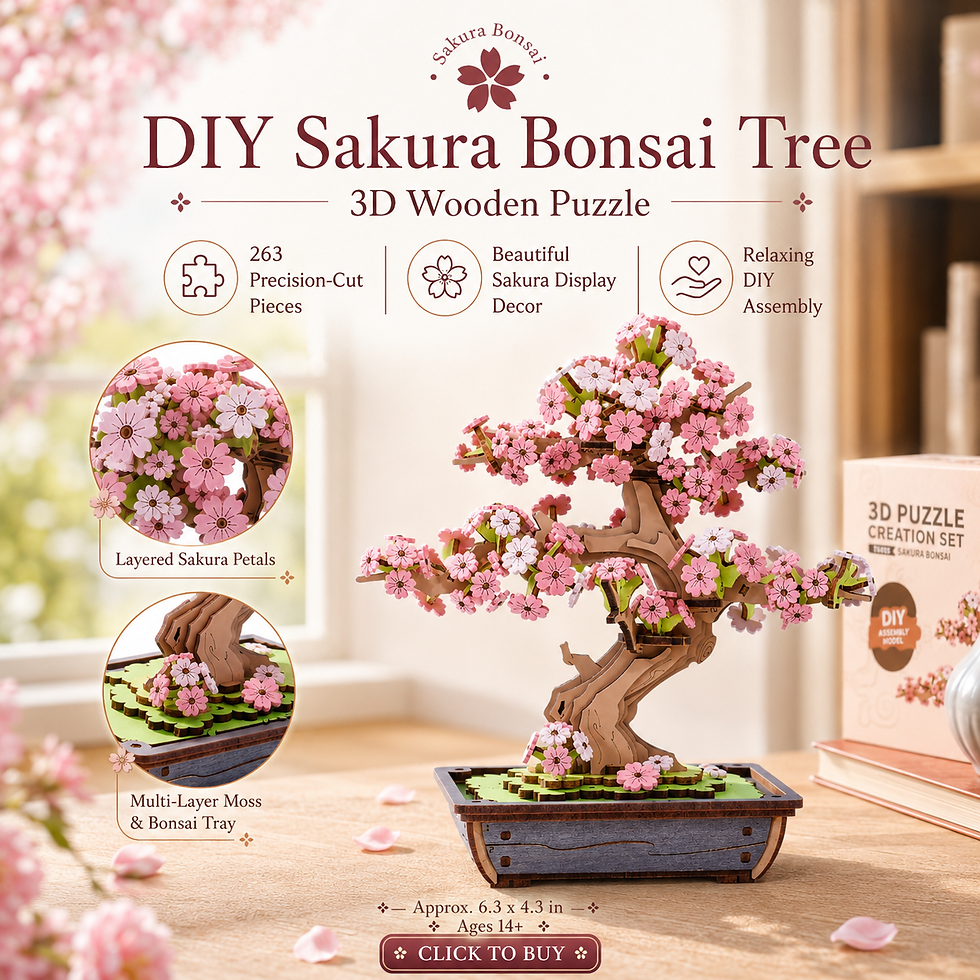 DIY Sakura Bonsai Tree 3D Wooden Puzzle with pink petals on a wooden table. Includes text: "263 pieces, relaxing assembly."