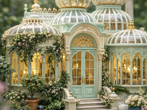 Where Glass Learns to Bloom: A Fantasy Art Nouveau Conservatory Miniature in Mint, Gold, and Garden Light