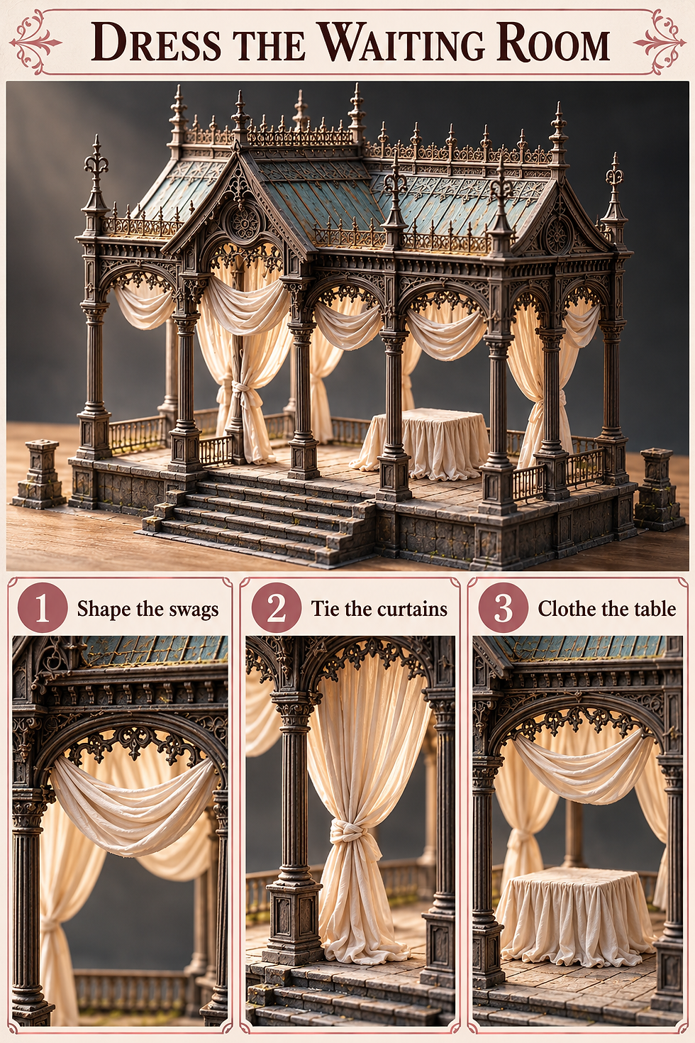 Three detail panels show shaping ivory swags, tying long curtains to posts and draping a small wedding table.