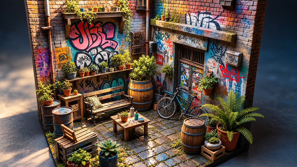 Street-art courtyard miniature with pink graffiti, warm brickwork, a sticker-covered door, teal bicycle, wooden seating and lush potted plants.