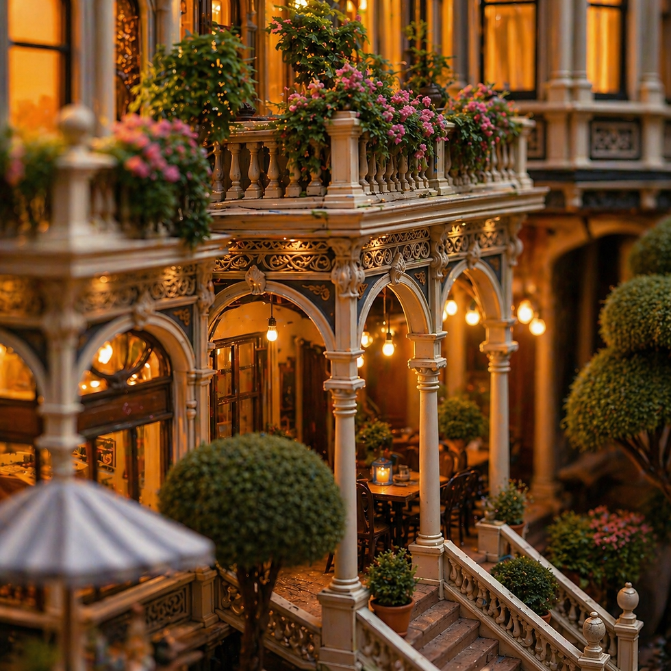 Ornate balcony with floral decorations, warm glowing lamps, and intricate railings. Quaint, cozy, and elegant evening atmosphere.