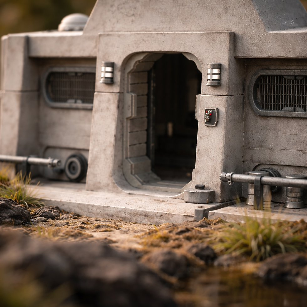 A concrete structure with an open door, metal pipes, and vents. Grass and rocks in the foreground suggest an outdoor setting.