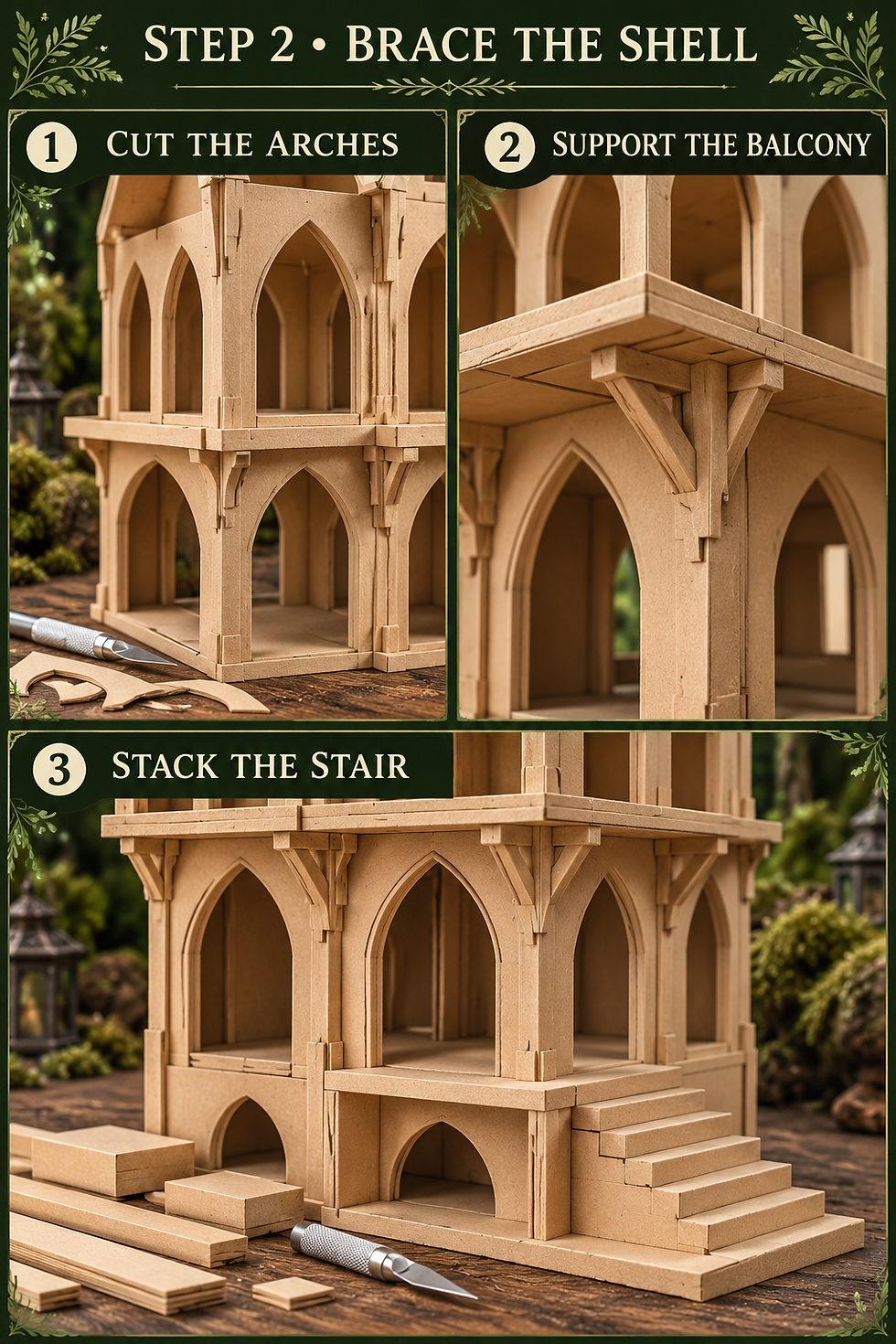 Three process panels show a braced unpainted shell, supported balcony and stacked right-hand stair.