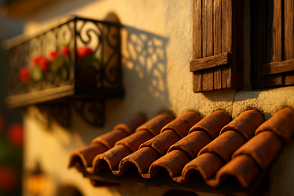 Warm sunlight on rustic terracotta roof tiles and a balcony with red flowers. Wooden shutters add charm, casting intricate shadows.