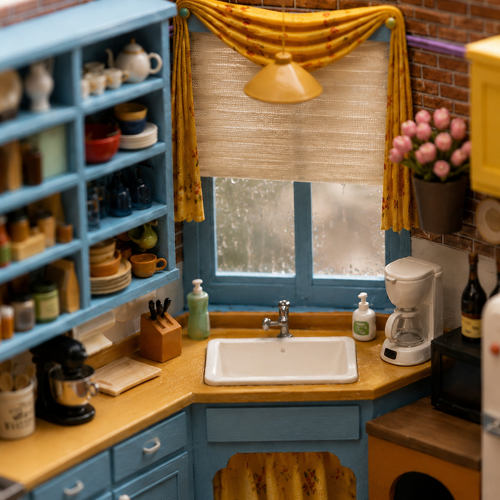 Miniature blue-and-yellow kitchen with sink, shelves, coffee maker, pink flowers, and a rainy window with yellow curtains.