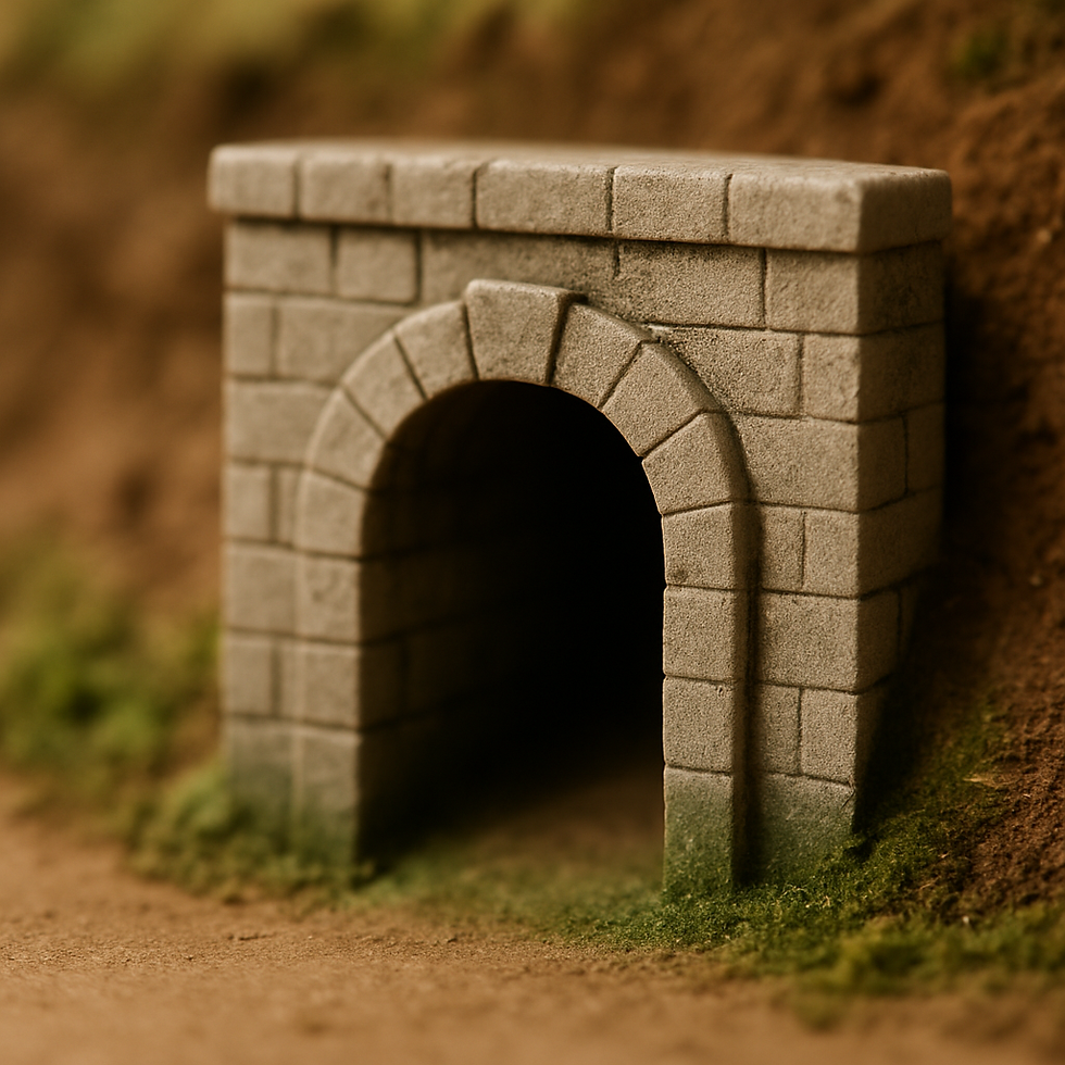 Stone tunnel entrance on earthy ground with moss around the base. The arch is made of textured, gray bricks. Background is blurred.