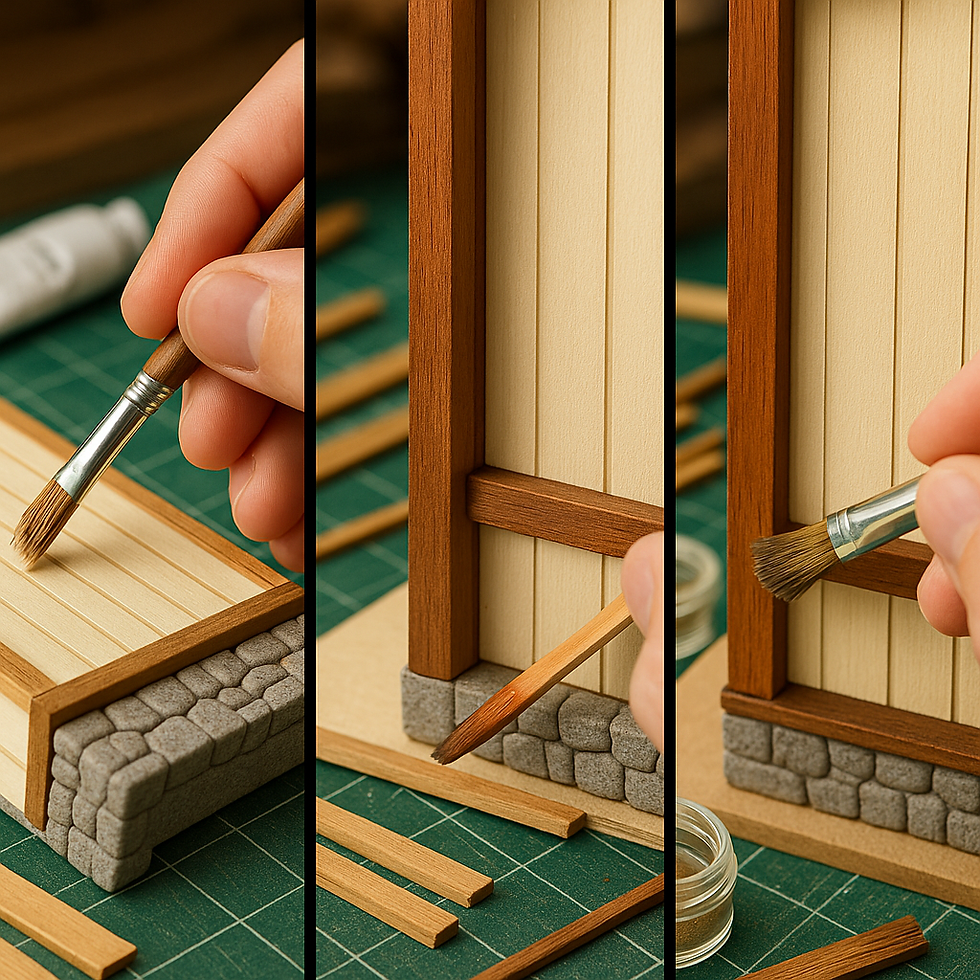 Hands paint a wooden model in three panels. The scene includes stone textures and a green cutting mat, conveying creativity and craftsmanship.