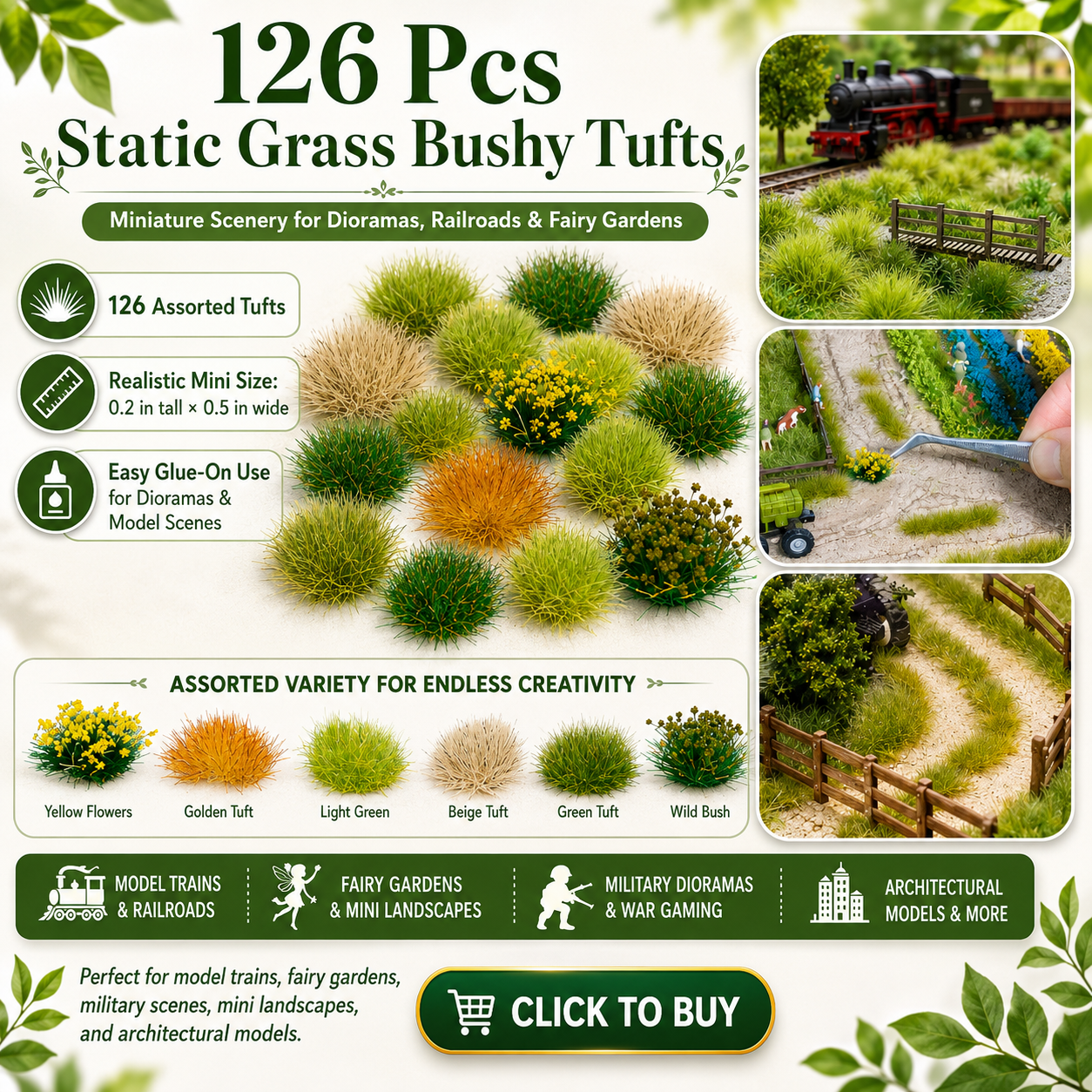 126 Pcs Static Grass Bushy Tufts Lowland Shrubs Tuft Terrain Model Kit Dollhouse