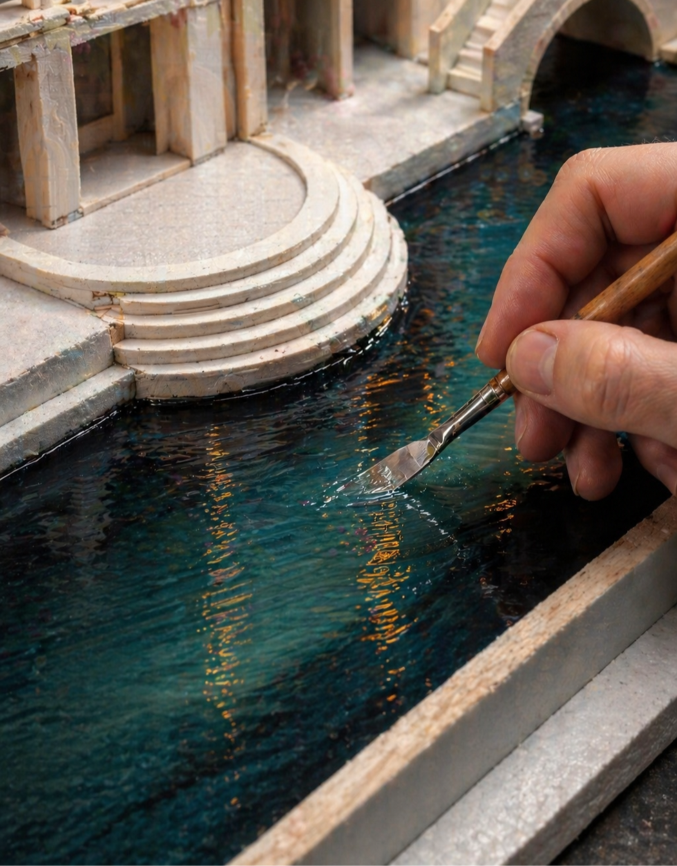 A hand uses a tool to smooth water on a model canal. Reflective blue water, tan stone steps, arched bridge in background.