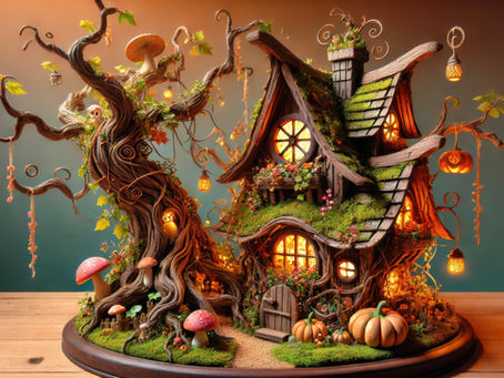 Autumn elf cottage beside a curling woodland tree with glowing amber windows, pumpkins, mushrooms and an oval display base.