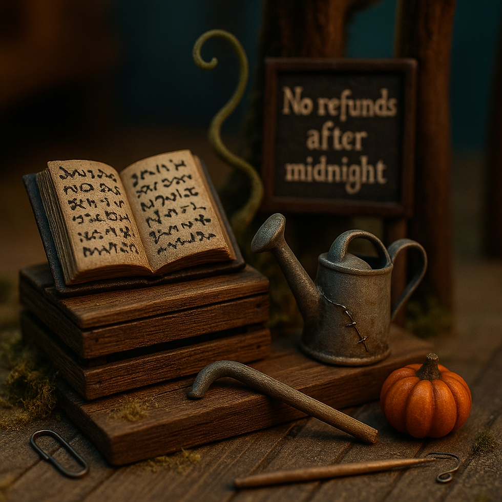 An open book with runes, a watering can, and a mini pumpkin on a wooden surface. A sign reads "No refunds after midnight." Cozy, mysterious vibe.