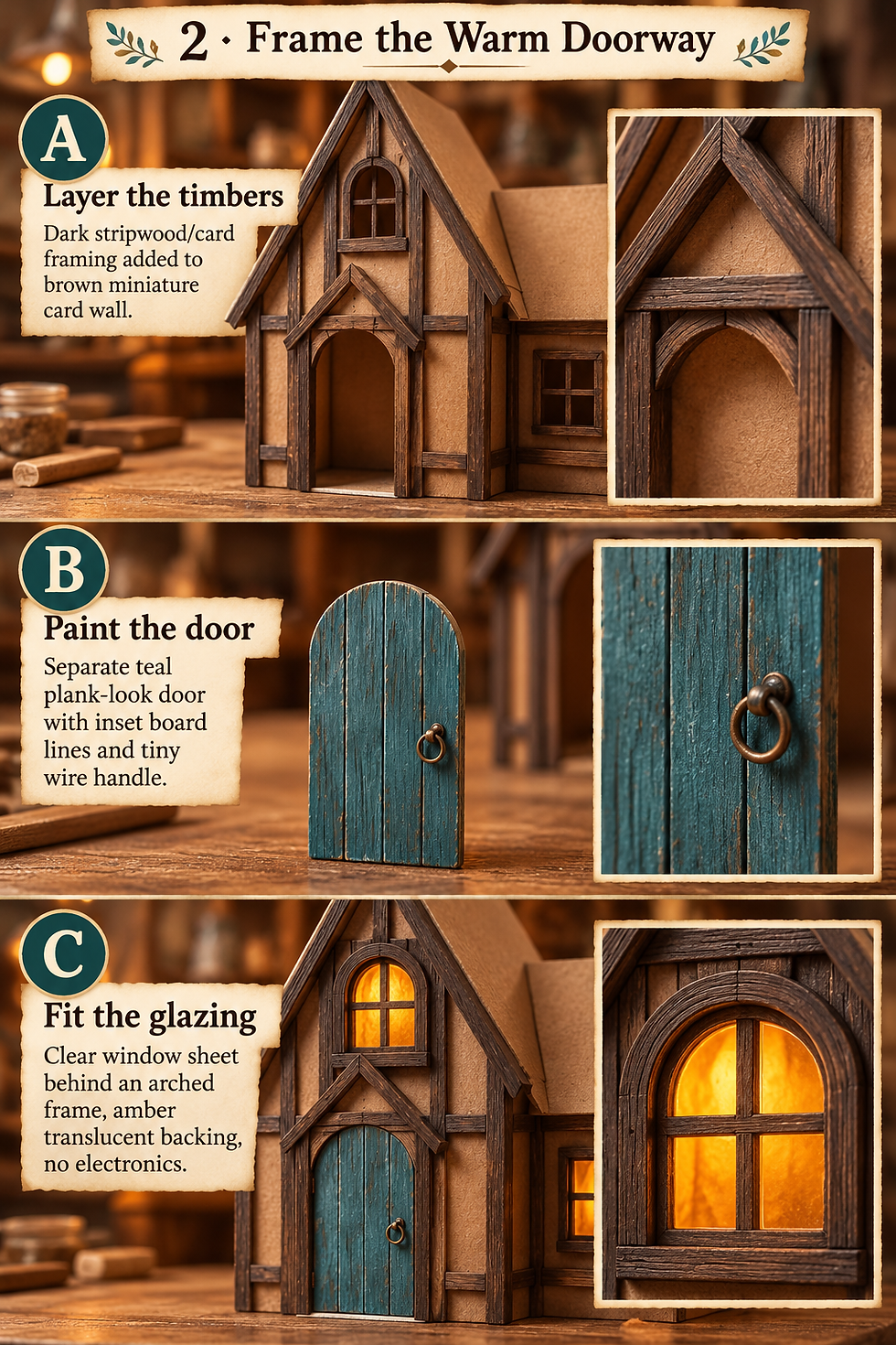 Stage 2 illustrated miniature witch cottage craft guide with three labeled process panels.