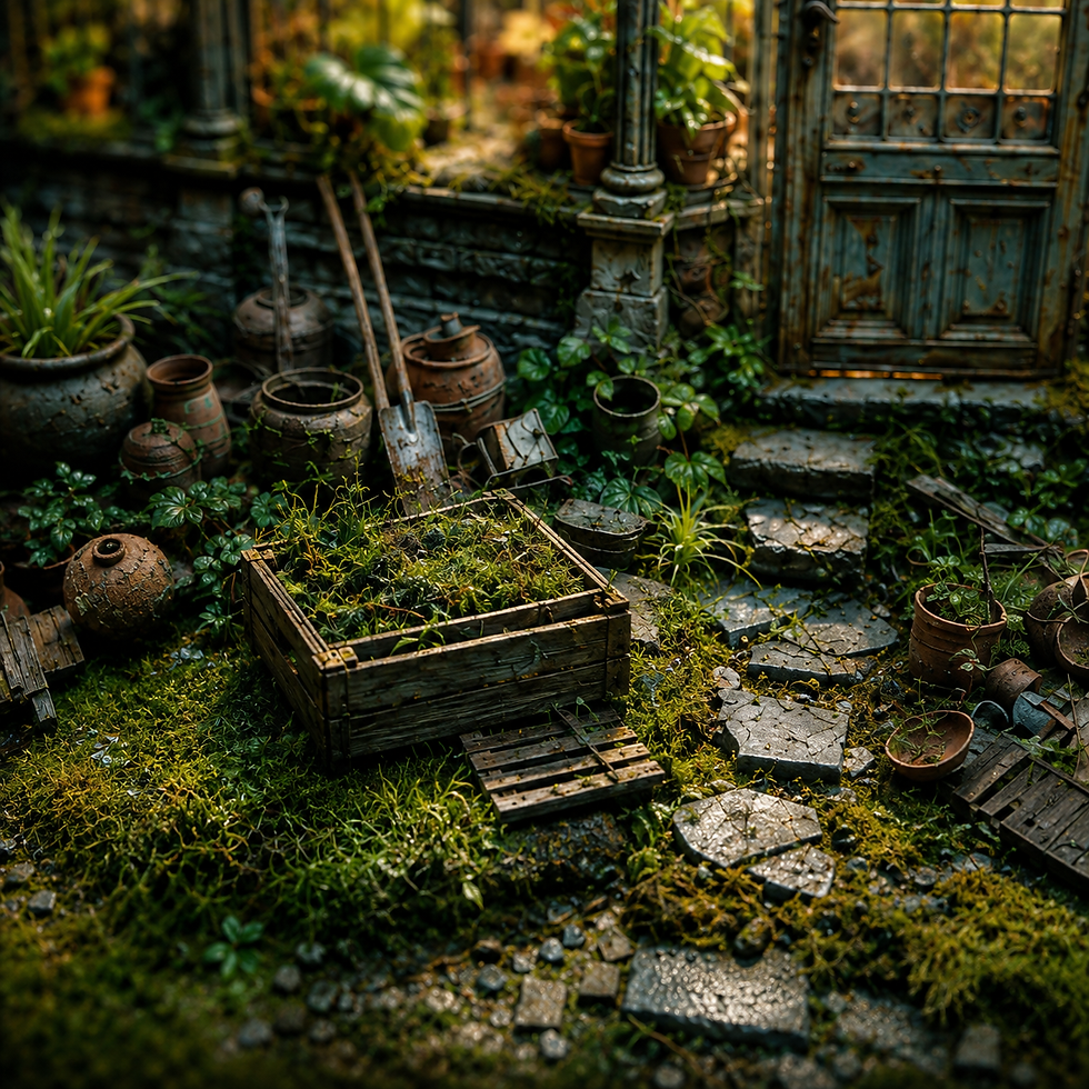 Overgrown garden with old pots, tools, and a wooden crate filled with plants. Stone path leads to a rustic door. Lush, green, and serene.