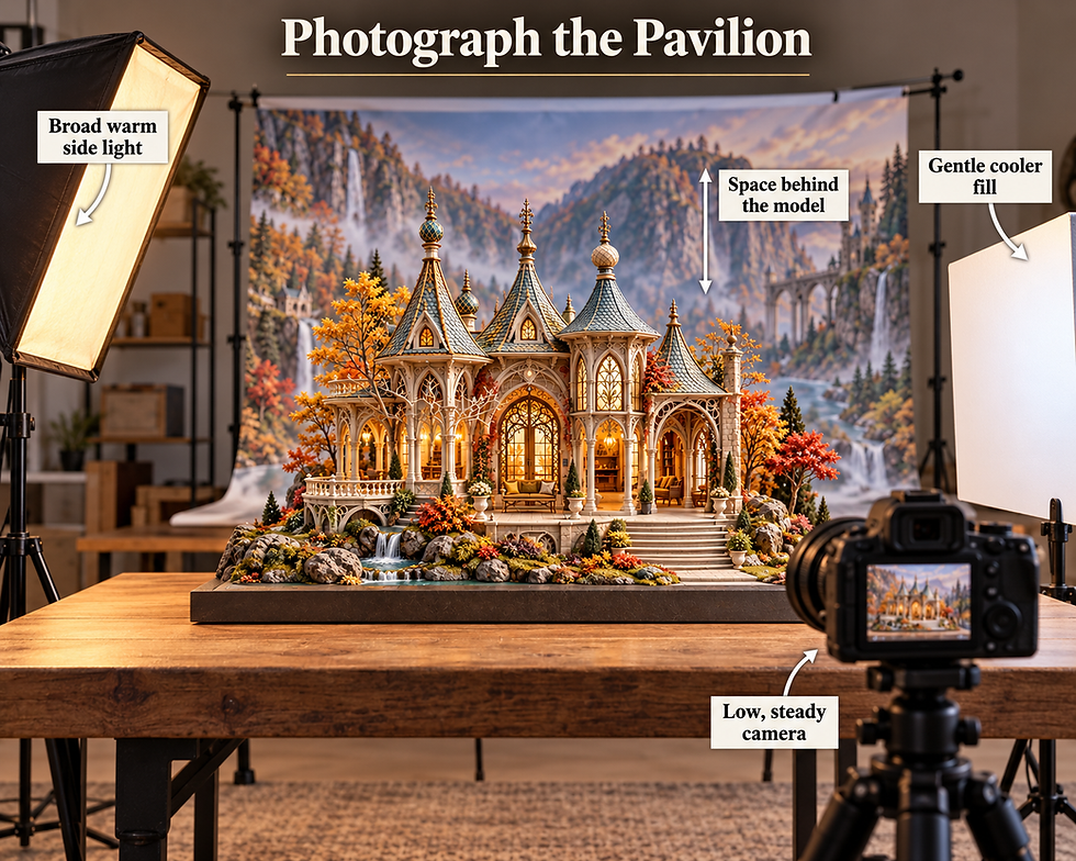 Tabletop photography setup with the original broad elven pavilion, a camera on a low tripod, a separate mountain backdrop and soft side lighting.