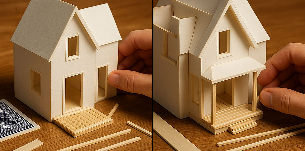 Two images show hands assembling a white paper house model on a wooden table, with rectangular pieces and playing cards nearby.